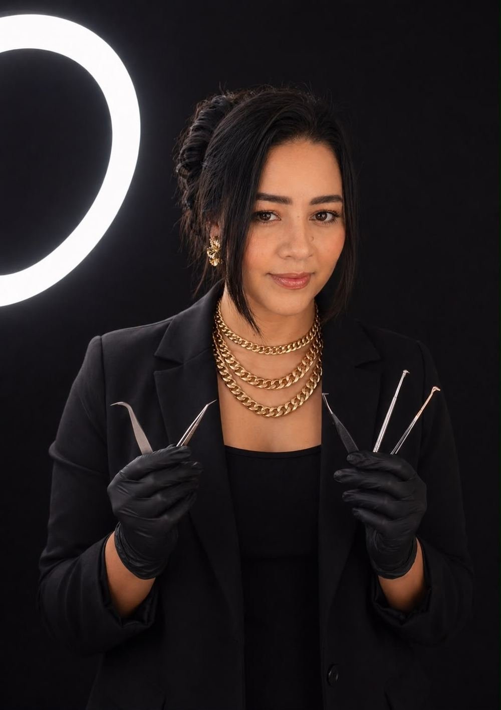 Amanda Queiros segurando as pinças de extensão de cílios